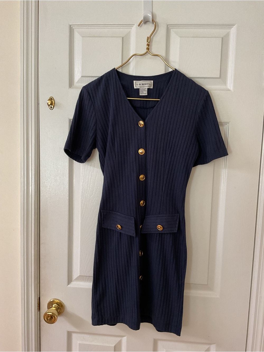 Vintage navy ribbed gold button dress